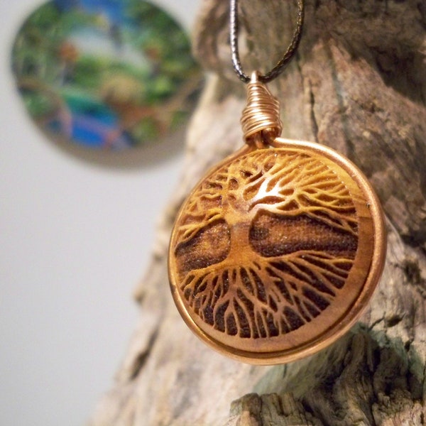 Pendentif en bois. bois d'olivier, bague en cuivre, fabriqué sur commande, collier en bois, arbre de vie. pendentifs arbre de vie, personnalisés