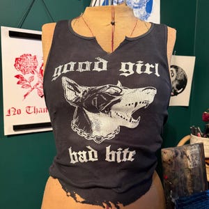 Old English gothic good girl bad bite hand dyed distressed cropped wife pleaser tank top