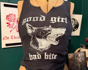 Old English gothic good girl bad bite hand dyed distressed cropped wife pleaser tank top