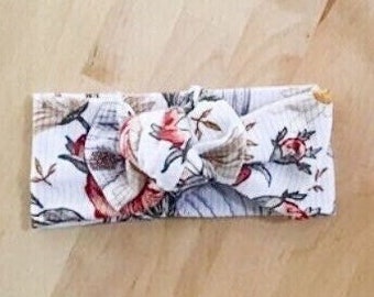 Floral rib knit bow headband for baby, toddler, made to order