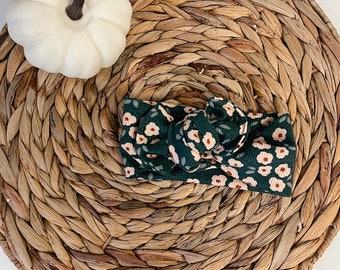 Rib knit pine green floral bow headband for baby, toddler girl, made to order