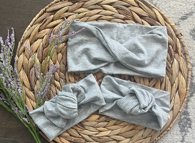 Mommy & me rib knit twist headband set, made to order light grey rib