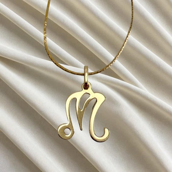 14K Gold Cursive M Initial Necklace Italian Chain… - image 1