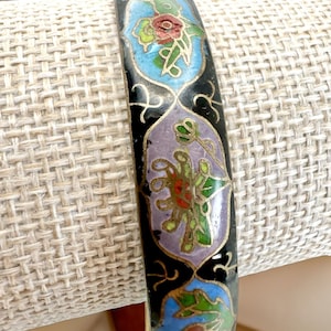 Vintage Chinese Cloisonné Bangle Bracelet: Boho Floral Enamel, Black & Blue