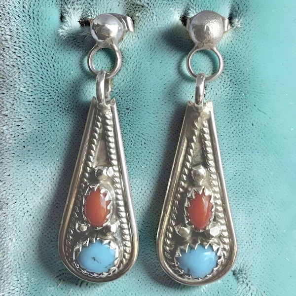 Vintage Sterling Silver Turquoise & Red Coral Drop Earrings, Southwestern Artisan 1980s
