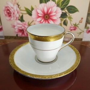 Vintage Minton England Demitasse Cup & Limoges UC France Saucer Set, Gold Gilt, Cowell Hubbard, Art Deco Era, 1920s–30s