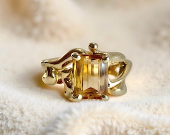 Vintage 14K Gold Citrine Ring 1.3ct Emerald Cut Gemstone Size 5.5 — Estate Fine Jewelry