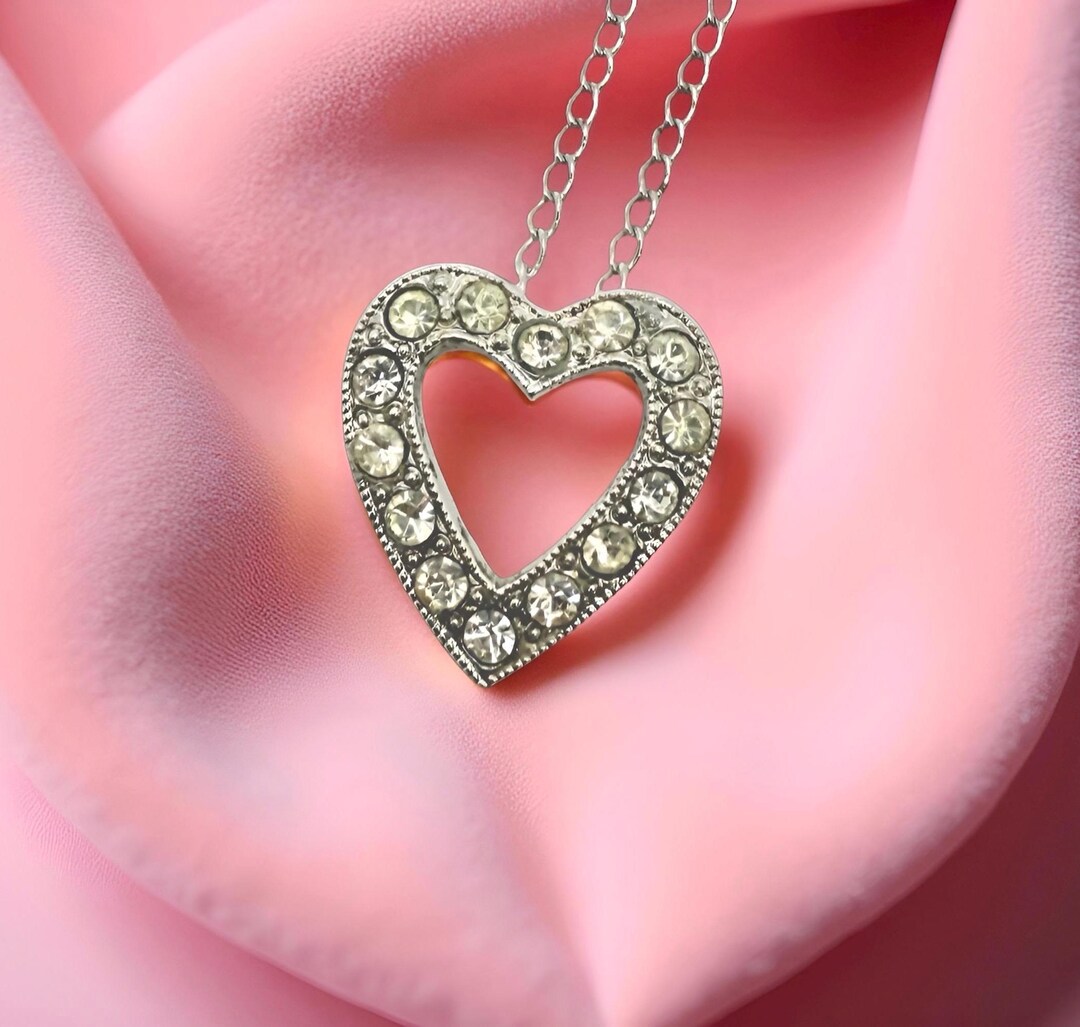 Silver Rhinestone Heart Sterling Silver Rhinestone Heart Necklace 16