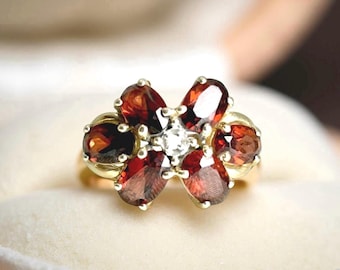 Vintage Garnet & Diamond Solid Gold Ring Flower Size 6 Cluster 10K - Estate Jewelry