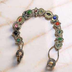 Vintage Victorian Revival Double Chain Slide Bracelet – Golden Tone  Multicolor Glass Cabochons -Estate