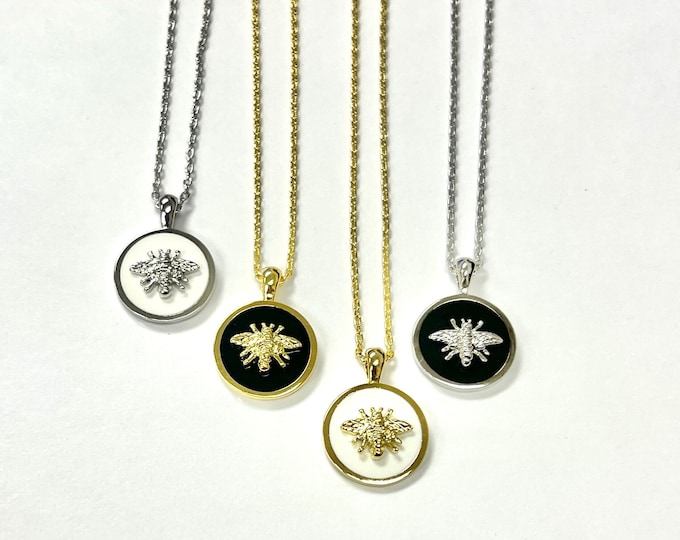 Bee Necklace, Bee Disc Necklace, Enamel Bee Coin Charm Necklace Black, White Bee Enamel Circle Necklace, Bee Keeper, Bee Lover, Perfect Gift