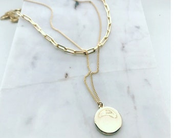 Gold Double Layer Necklace - Paperclip Chain & Circle Pendant