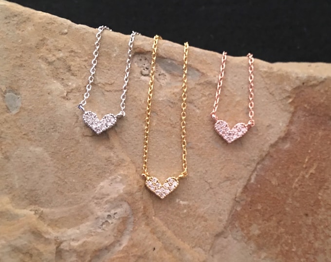 Tiny Heart Necklace, Dainty Heart Necklace, CZ Heart Necklace, Rhinestone Heart Necklace, Valentine's Necklace, Gift for Her