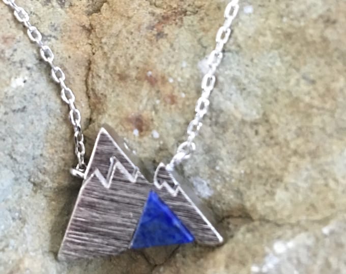 Silver Mountain Necklace with Blue Stone, Mountain Lovers Necklace, Free Shipping and Gift Wrap