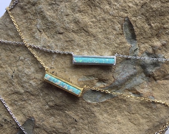 Aqua Green Opal Bar Necklace, JushShop
