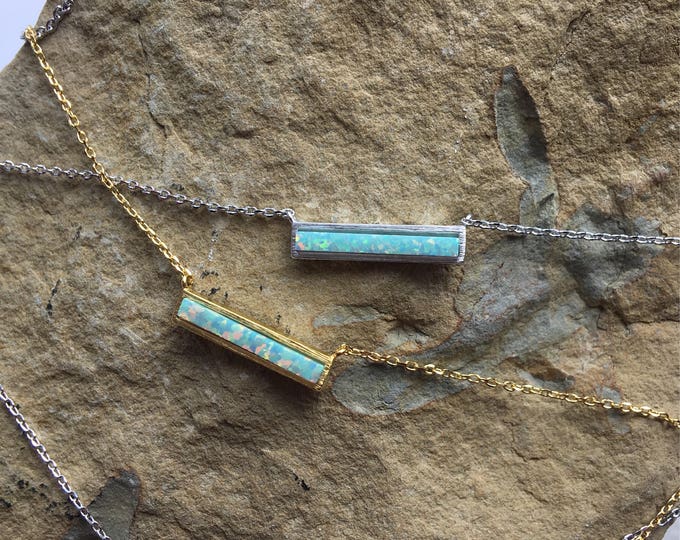 Aqua Green Opal Bar Necklace, JushShop