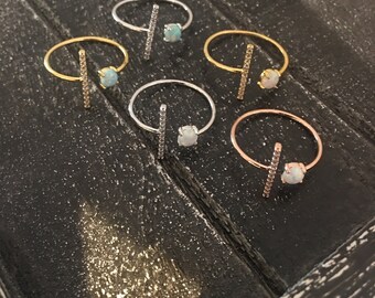 Opal Bling Bar Ring,  Adjustable Ring, Midi Ring, Stackable Ring, SilverFriendship Gift, October Birthday Gift, October Birthstone,  Gift fo