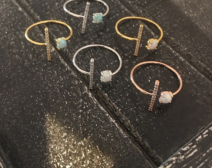 Opal Bling Bar Ring,  Adjustable Ring, Midi Ring, Stackable Ring, SilverFriendship Gift, October Birthday Gift, October Birthstone,  Gift fo
