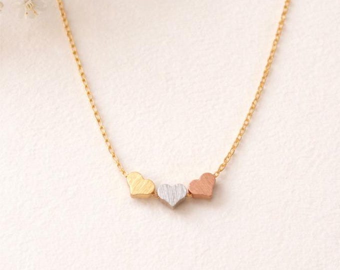 Triple Heart Necklace, Mixed Metal, Dainty Layering Necklace