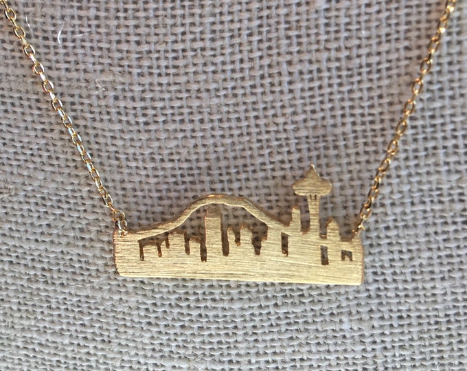 Gold Seattle Skyline Necklace, Seattle Necklace, Seattle, Washington, Seattle-themed jewelry, Mount Rainier, Seattle Sky Needle