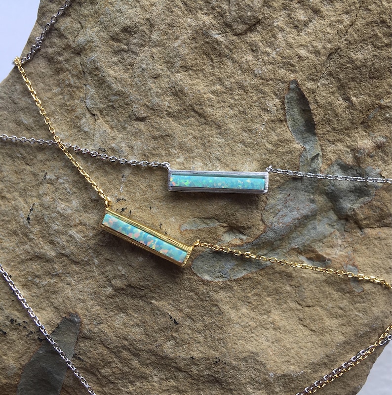 Green Opal Bar Necklace with Silver or Gold Chain