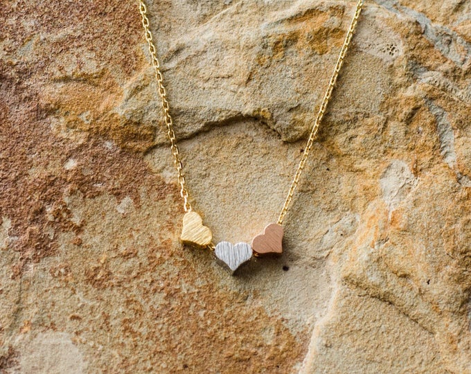 Triple Heart Pendant Charm Necklace, Three Hearts Necklace, Trio of Hearts Pendant, Minimalist Heart Necklace, Gift for Her, Gift for Mom