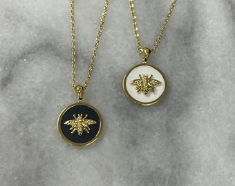 Bee Necklace, Bee Disc Necklace Enamel Bee Coin Charm Necklace Black White Bee Enamel Circle Necklace Gold Bee Necklace Bee Pendant Necklace