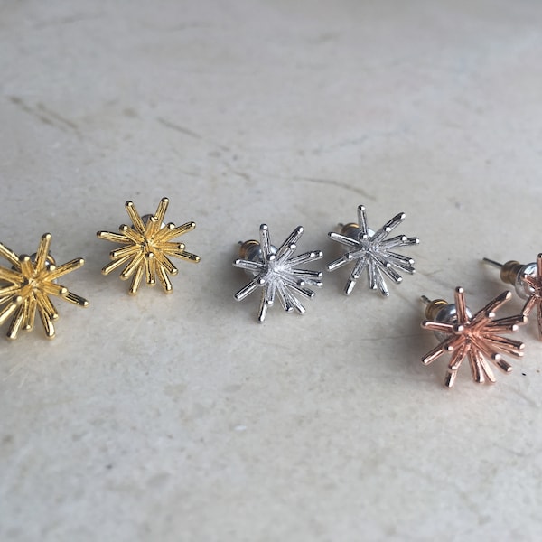 Starburst Earrings, Fireworks Earrings, Spoke Earrings, 3D Earrings, Gold Spark Earrings, Gift for Her, Gift for Mom, MCM Earring