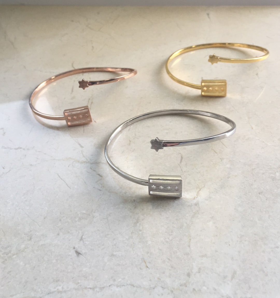 Chicago Flag Bracelet, Adjustable Cuff Bracelet, Chicago Bracelet, Gold