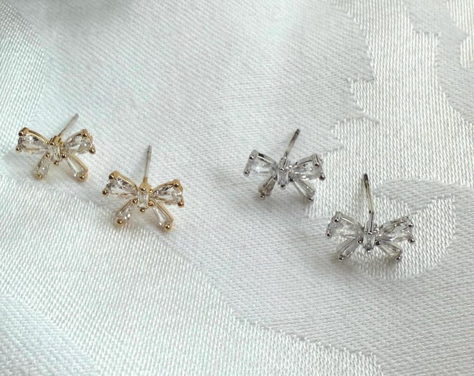 Bow Earrings, CZ Bow Earrings | Dainty Crystal Bow Studs in Gold or Silver | Minimalist Sparkling Jewelry | Tiny Bow Earrings  Gift for Her