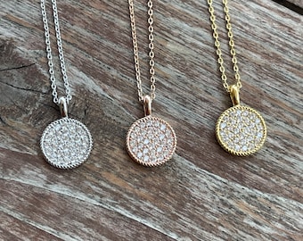 Cable Pave Circle Disc Necklace, Layering Disc Necklace, Circle Necklace, Disk Necklace, CZ Circle Necklace, JushShop