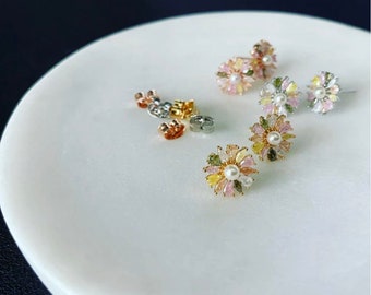 Colorful Stone Stud Earrings with Pearl, Dainty New Years Eve Earrings, Bridesmaid Gift, Pearl Earrings