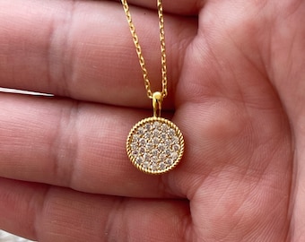 Gold Cable Pave Circle Disc Necklace, Gold Circle Disc Necklace, Gold Sparkling Circle Necklace, Perfect Layering Necklace, JushShop