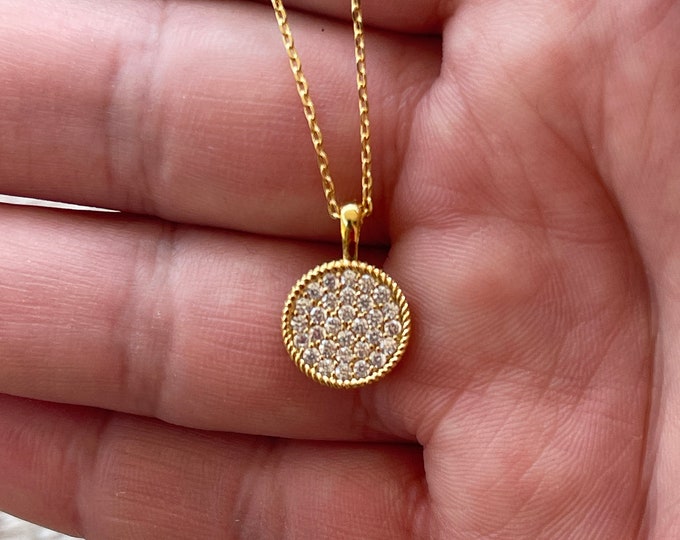 Gold Cable Pave Circle Disc Necklace, Gold Circle Disc Necklace, Gold Sparkling Circle Necklace, Perfect Layering Necklace, JushShop
