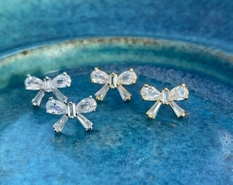 Bow Earrings, 18K Gold Dipped Bow CZ Earrings, Silver Rhodium, Tiny Bow Earrings, Bling Bow Earrings, Christmas Gift, Free Gift Box
