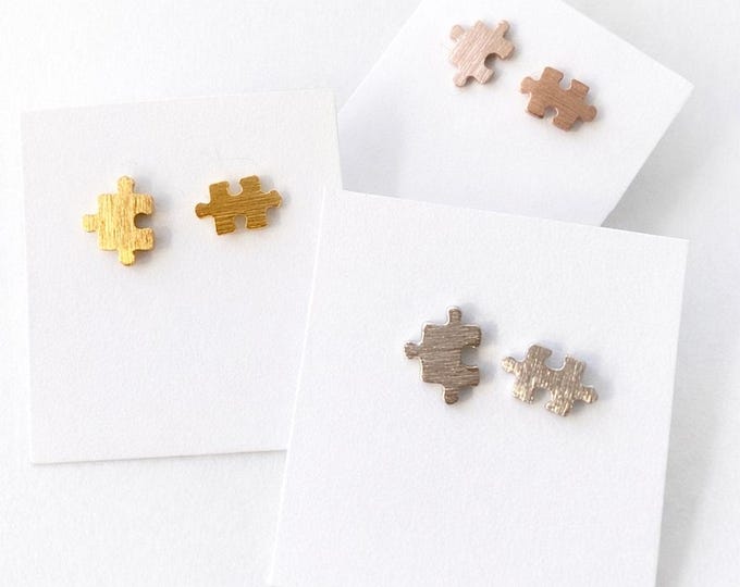 Puzzle Piece Stud Earrings | Autism Awareness Jewelry | Minimalist Puzzle Earrings | Silver Gold Rose Gold Studs | Meaningful Gift