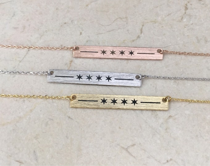 Chicago Flag Necklace, Bar Necklace, 4 Star Necklace, Four Star, Four Star Necklace, 4 Stars, Chicago Stars, Chicago Jewelry, JushShop