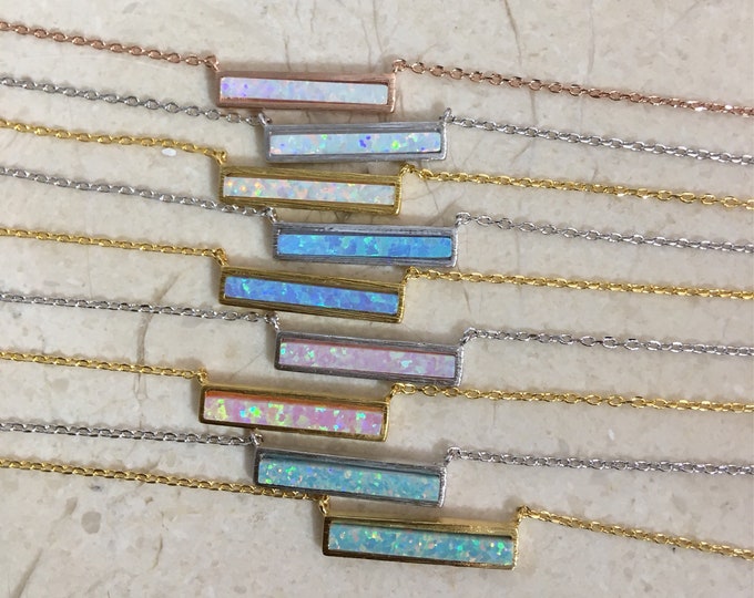 Opal Bar Necklace – Dainty Minimalist Jewelry in Gold, Silver & Rose Gold October Birthstone Gift for Her, Birthday, Bridesmaids, Layering