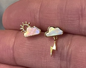 Mother of Pearl Sun Cloud Earrings, Gold Lightning Bolt Dangle