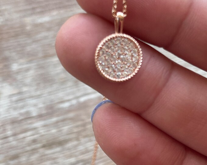 Rose Gold Cable Pave Circle Disc Necklace, Pink Gold Disc Necklace, Circle Necklace, Disk Necklace, CZ Circle Necklace, JushShop