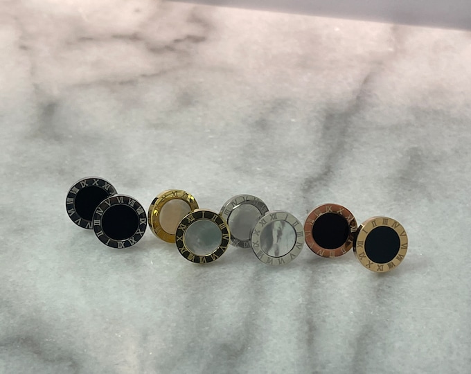 Mother of Pearl Disc Earrings, Stylish  Roman Numeral Earrings, Black Disk Earrings, Circle Earrings, Gold Disk, Silver Disk, Perfect Gift,