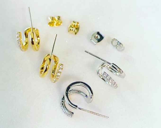 Pave Double Huggie Earrings, JushShop