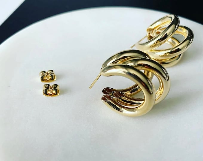 Triple Hoop Earring Triple Circle Hoop Earrings, Minimalist Gold Hoops, Chunky Hoops. On Trend Large Hoop Earrings, Gift for Her