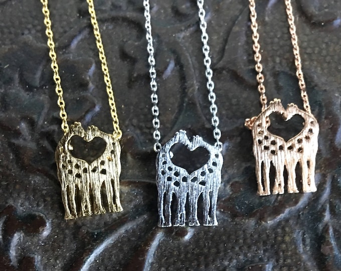 Tiny Giraffe Charm Pendant Necklace, Love Giraffe Heart Necklace, Animal Lover Jewelry, Gift for Her