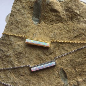 White Opal Bar Necklace with Silver or Gold Chain