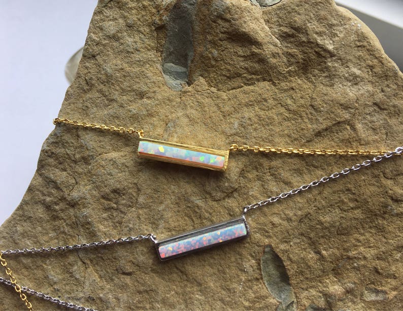 White Opal Bar Necklace with Silver or Gold Chain
