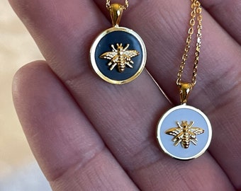 Bee Necklace, Bee Disc Necklace, Enamel Bee Coin Charm Necklace Black, White Bee Circle Necklace, Valentine's Gift, Girlfriend Gift