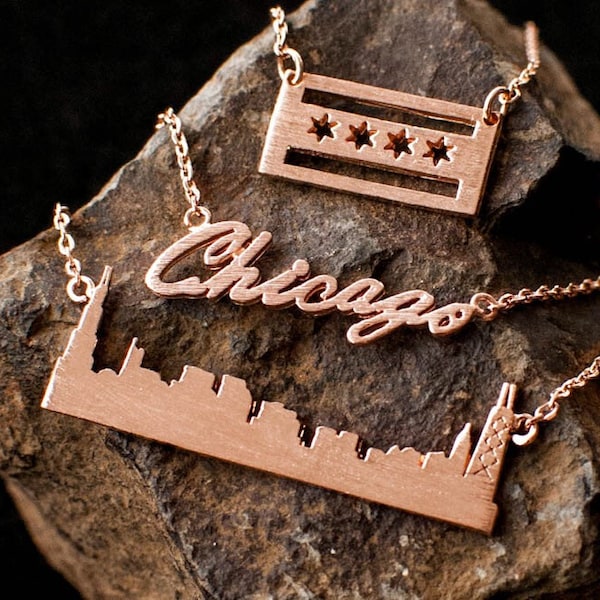 Chicago Necklace, Chicago Gift, Chicago, Chicago Flag Necklace, Chicago Script Necklace, Chicago Skyline Necklace, Windy City