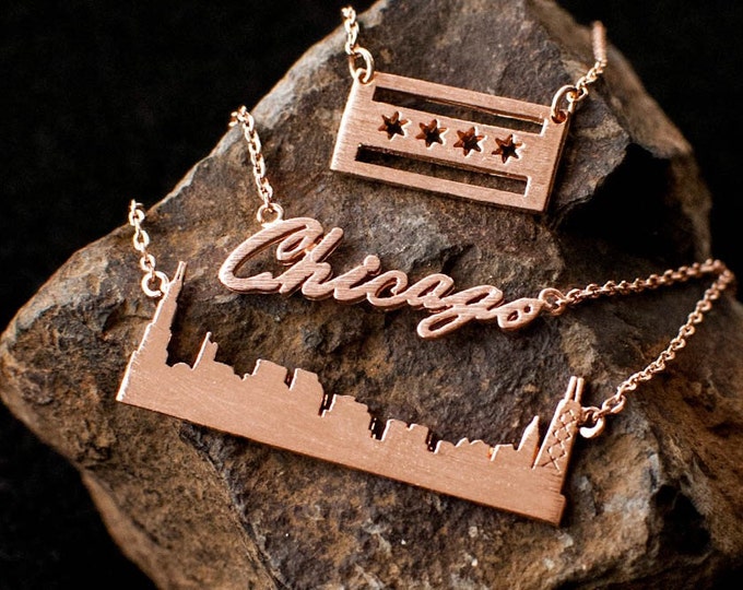Chicago Flag Necklace, Chicago Skyline Necklace, Chicago Necklace, 18k Gold Plated Chicago Necklace, Silver Plated Chicago Necklace