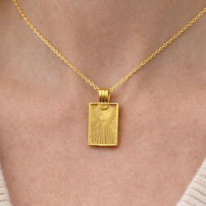 Fluted Sun Medallion Rectangle Pendant Chain Necklace, 18K Gold Plated, Rectangular Pendant, Celestial Charm Necklace, Sunbeam, Layering